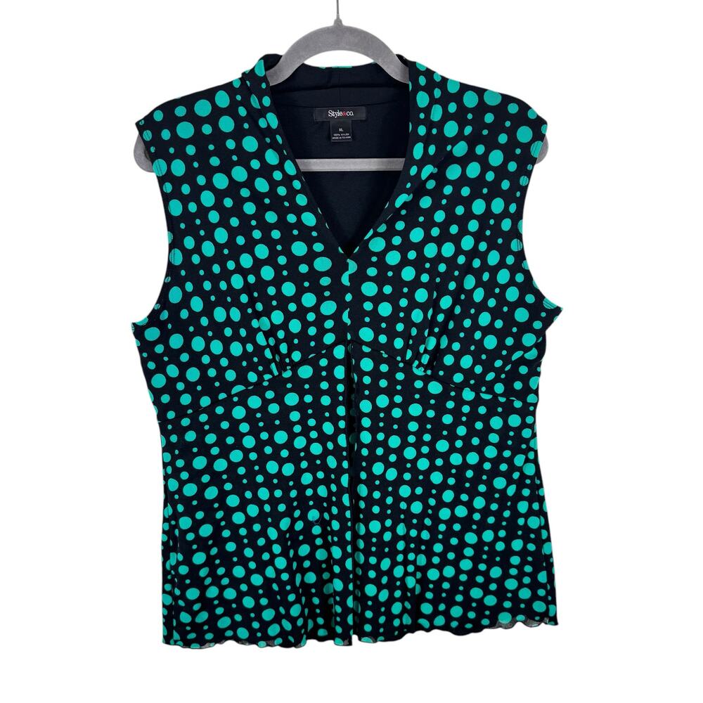Style & Co. Black Sleeveless Polka Dot Blouse with Teal Dots